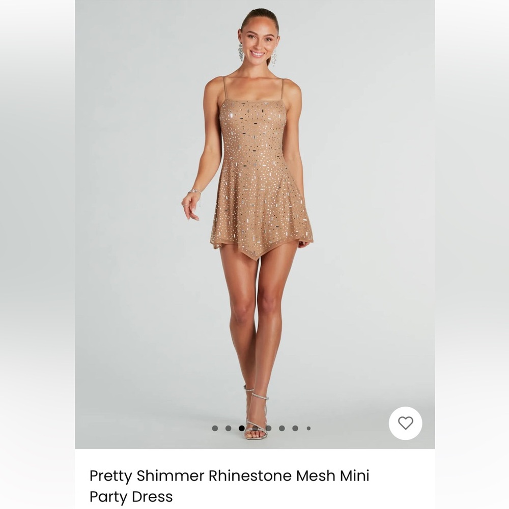 Shimmer Rhinestone Mesh Mini Dress - Tan